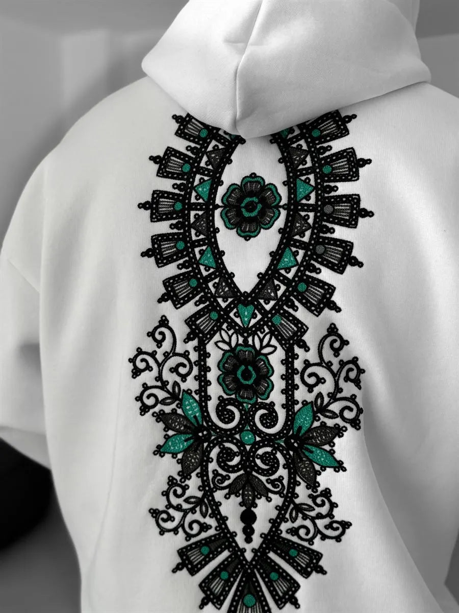 WHITE KNITTED EMBROIDERED HOODIE