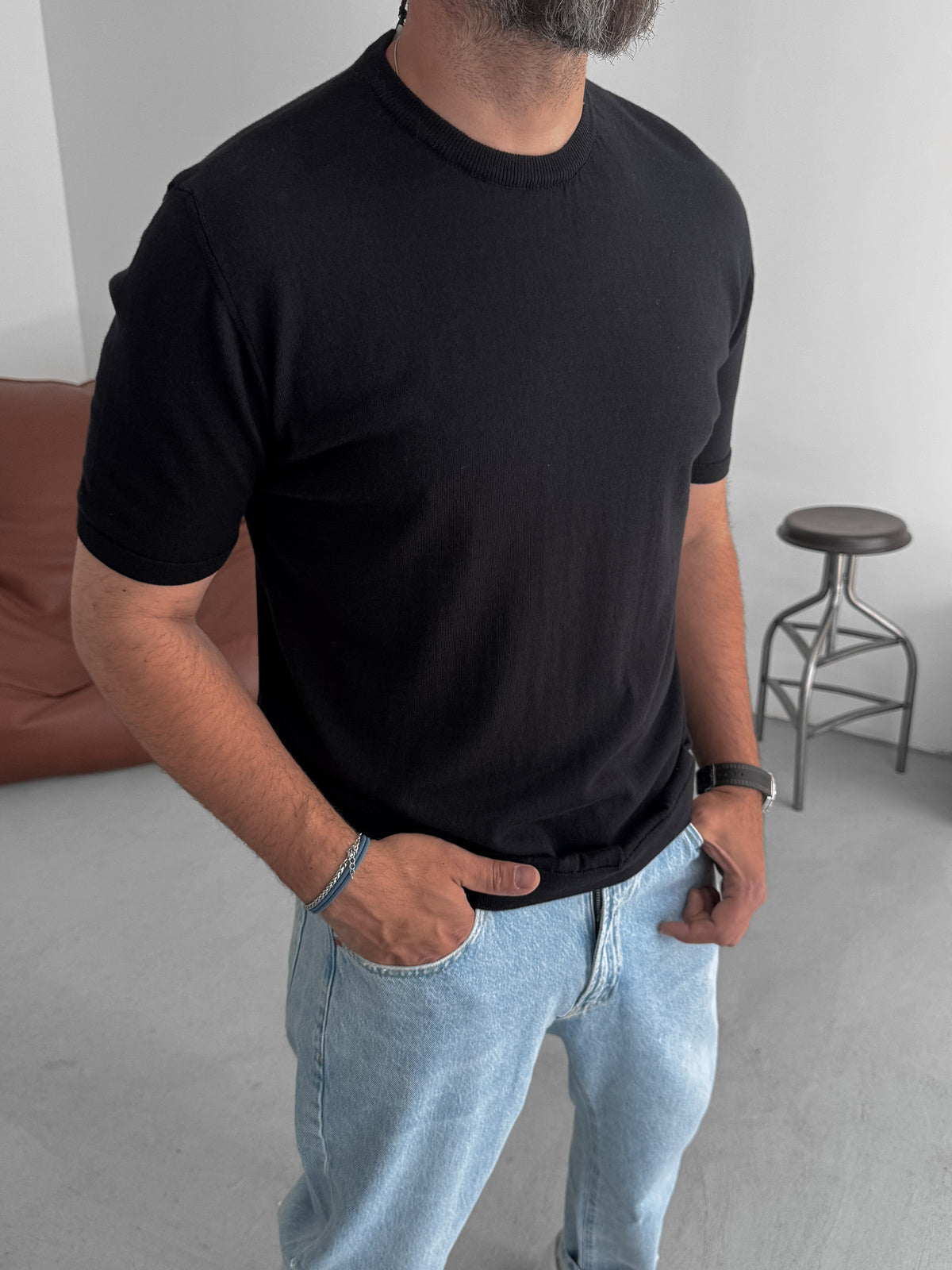 BLACK BASIC FIT KNITWEAR T-SHIRT