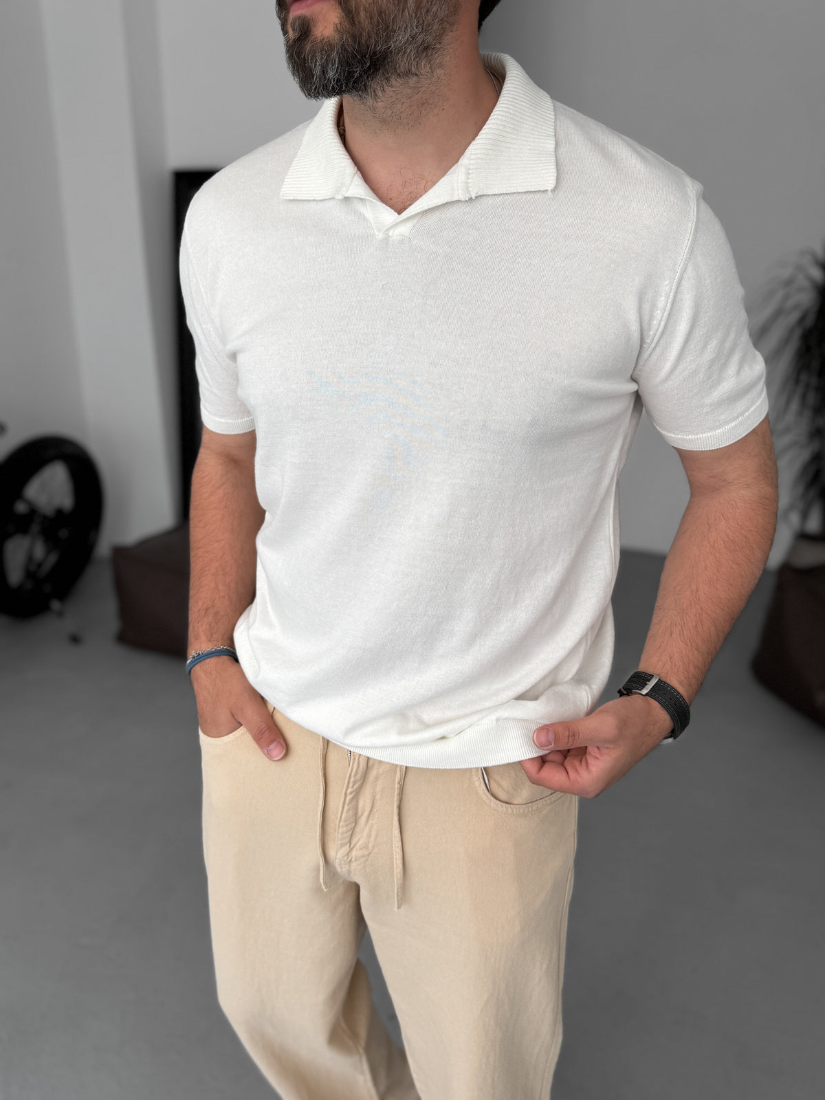 WHITE POLO FIT KNITWEAR T-SHIRT