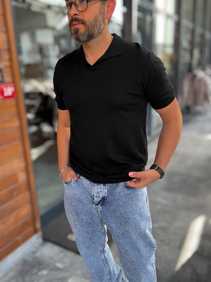 BLACK POLO FIT KNITWEAR T-SHIRT