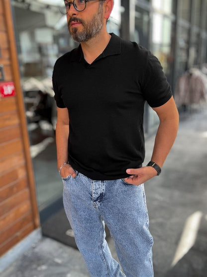 BLACK POLO FIT KNITWEAR T-SHIRT