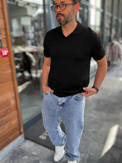 BLACK POLO FIT KNITWEAR T-SHIRT