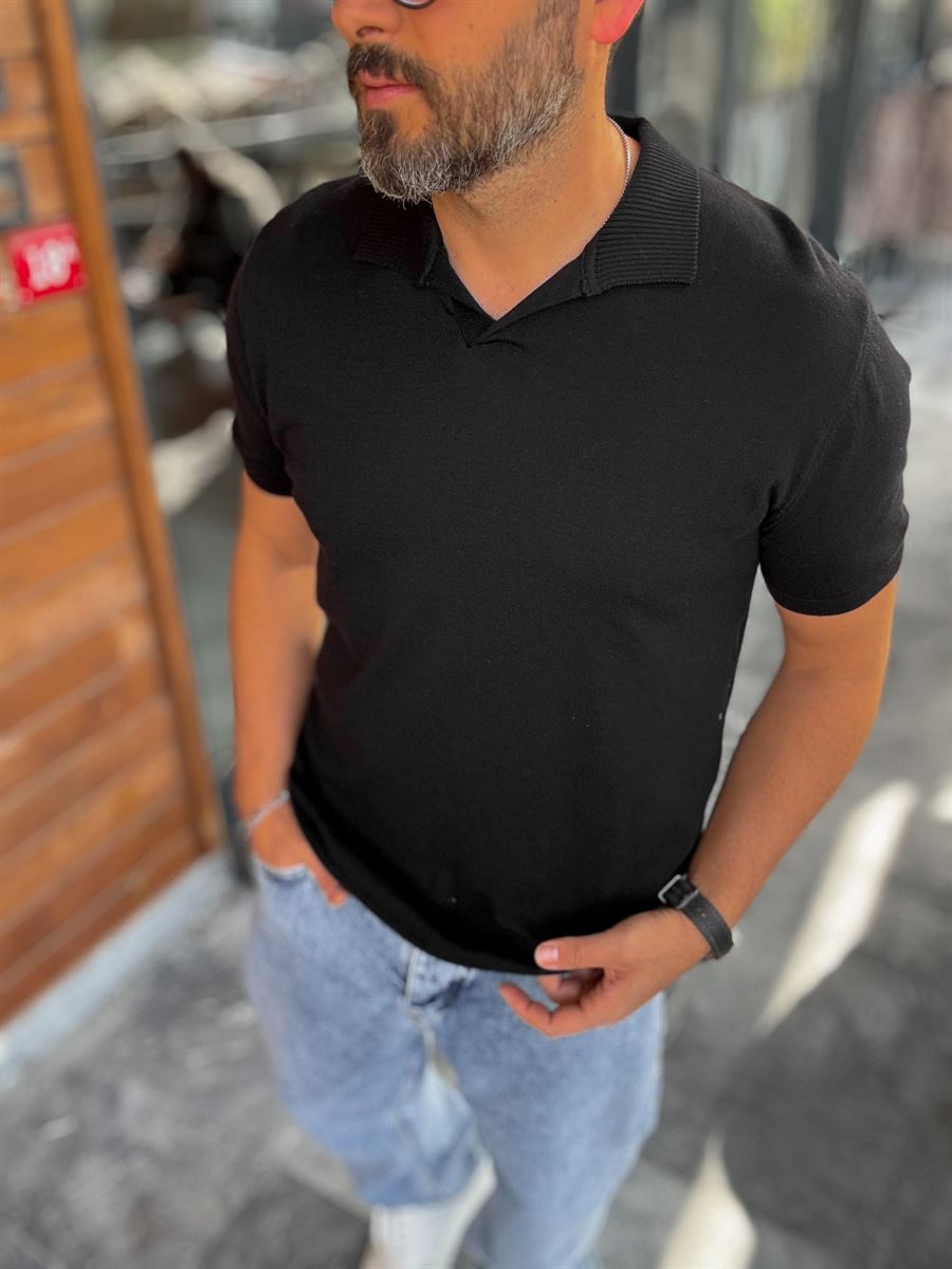 BLACK POLO FIT KNITWEAR T-SHIRT