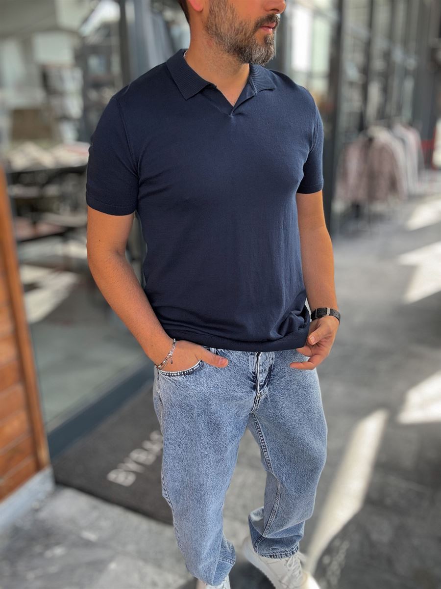 NAVY BLUE POLO FIT KNITWEAR T-SHIRT