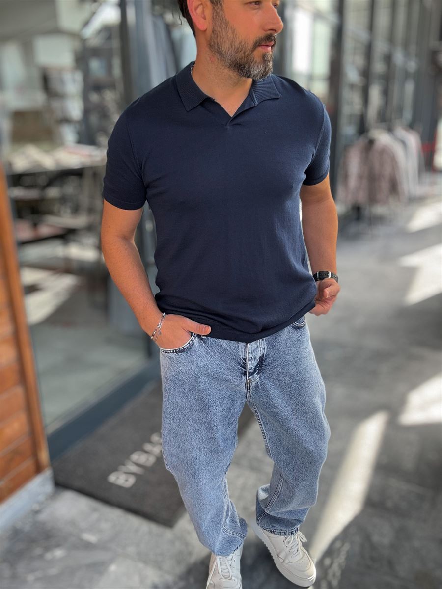 NAVY BLUE POLO FIT KNITWEAR T-SHIRT