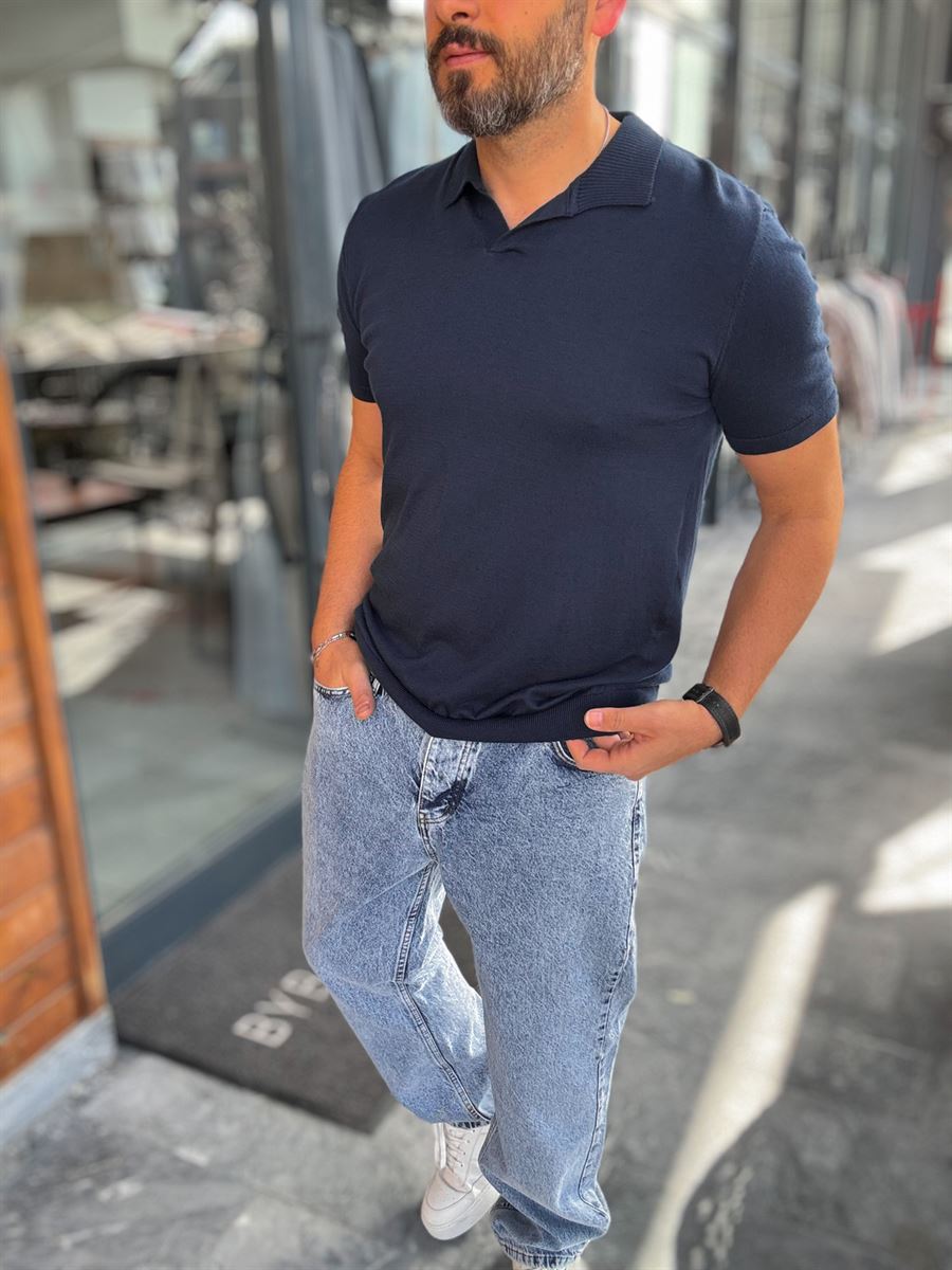 NAVY BLUE POLO FIT KNITWEAR T-SHIRT