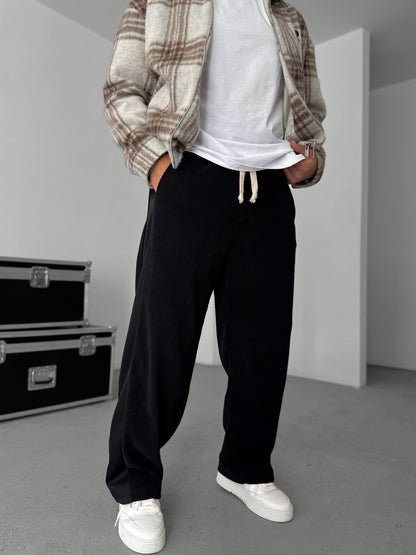 BLACK PANELLED VELVET JOGGERS