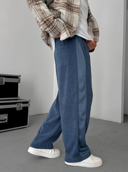 NAVY BLUE PANELLED VELVET JOGGERS