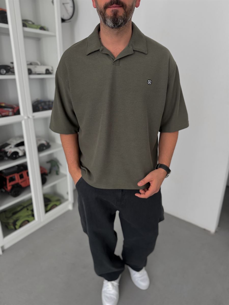 KHAKI WAFFLE POLO T-SHIRT