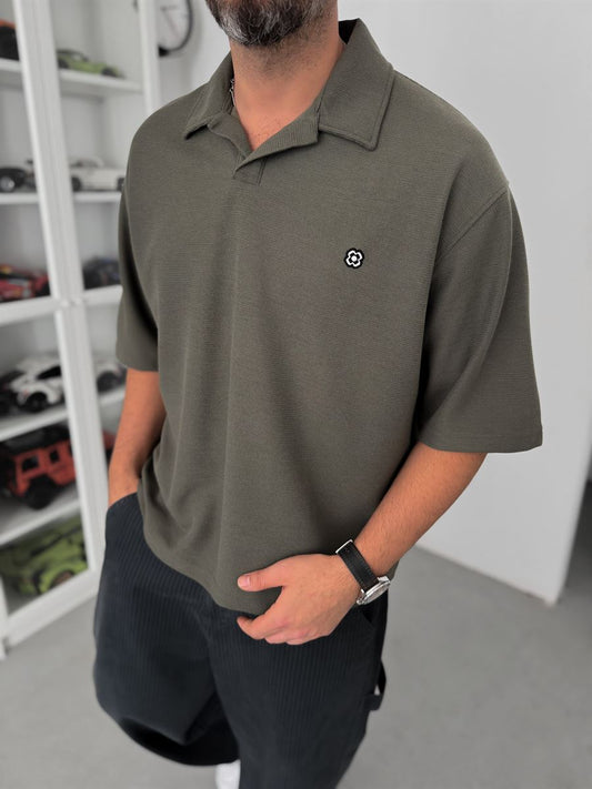 KHAKI WAFFLE POLO T-SHIRT