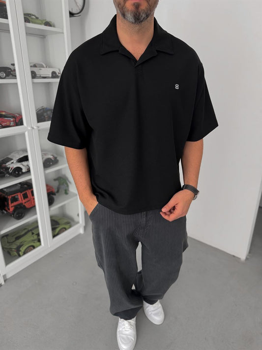 BLACK WAFFLE POLO T-SHIRT