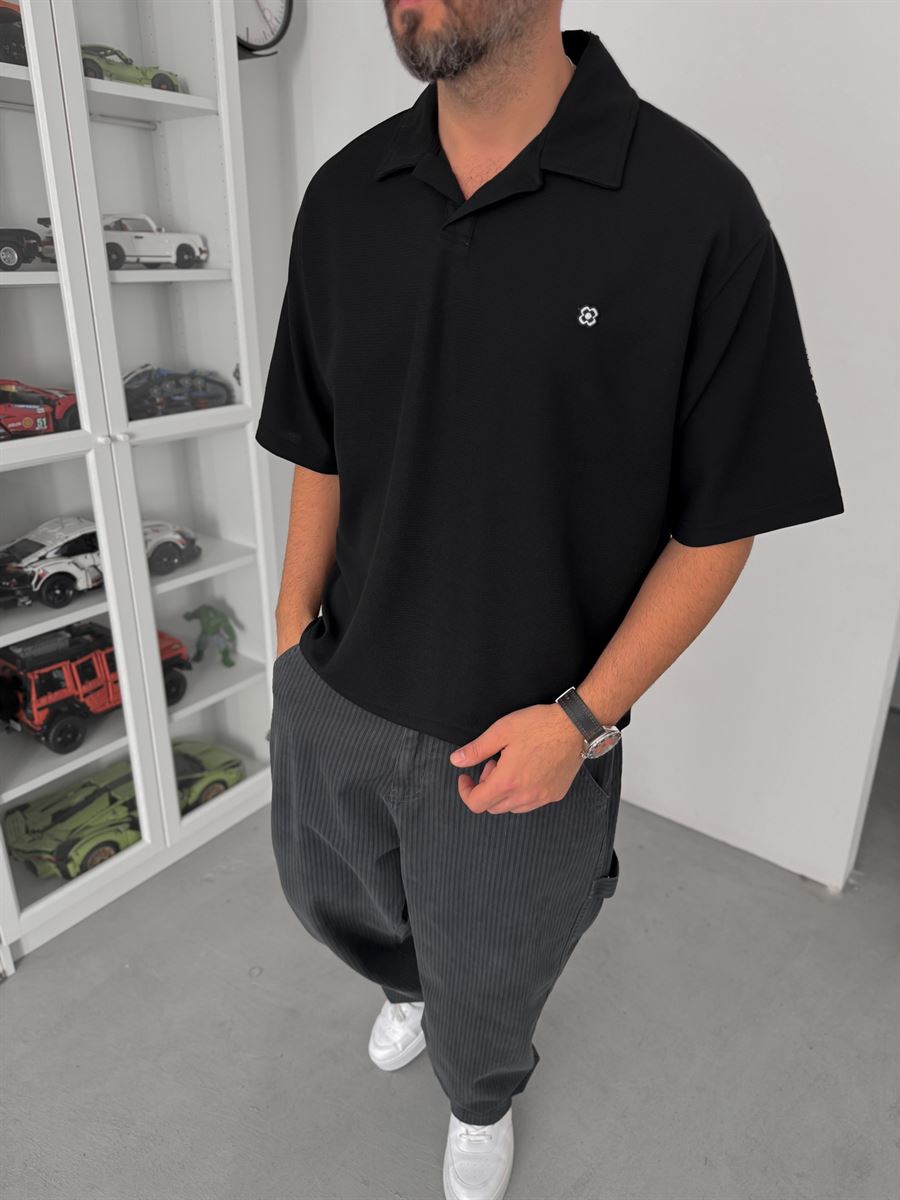 BLACK WAFFLE POLO T-SHIRT
