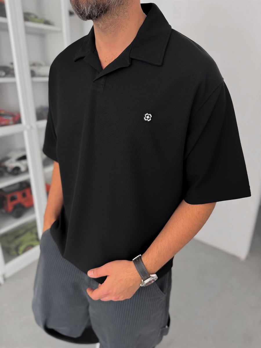 BLACK WAFFLE POLO T-SHIRT