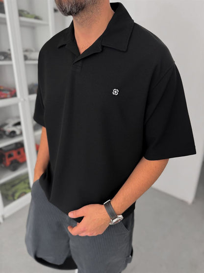 BLACK WAFFLE POLO T-SHIRT
