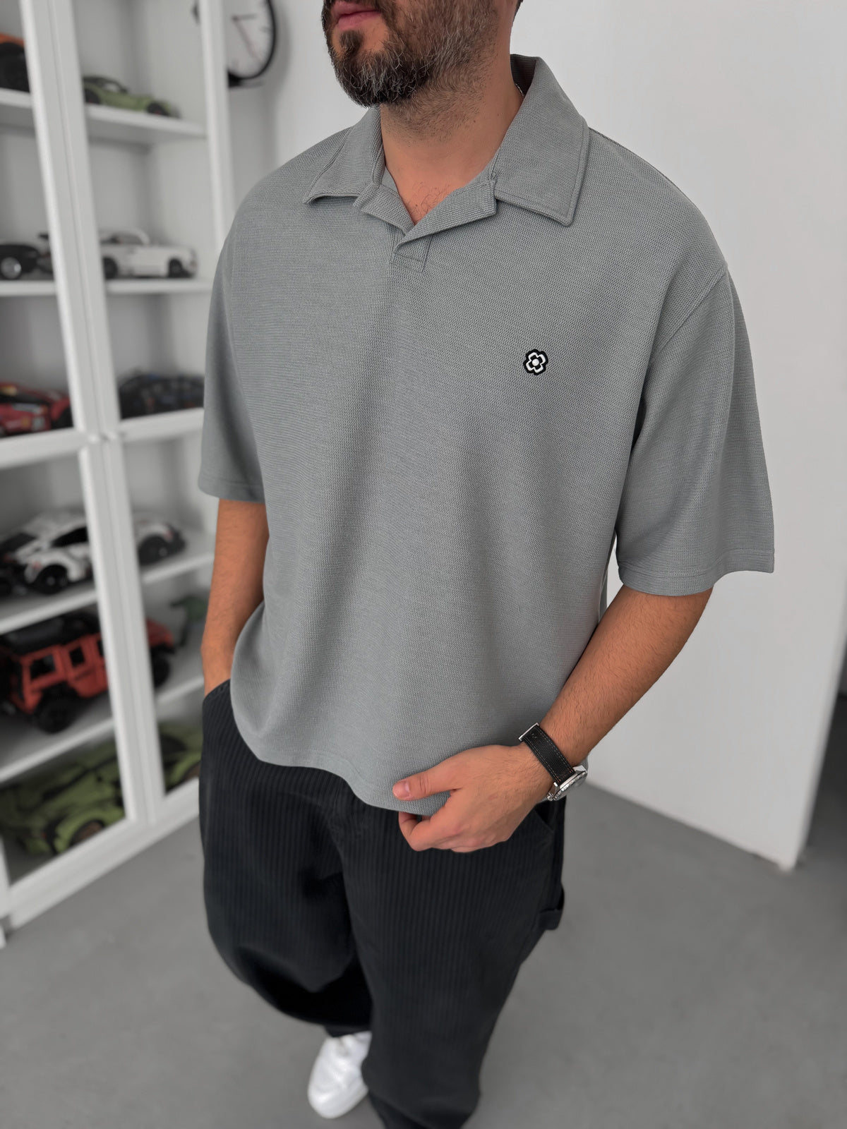 GREY WAFFLE POLO T-SHIRT
