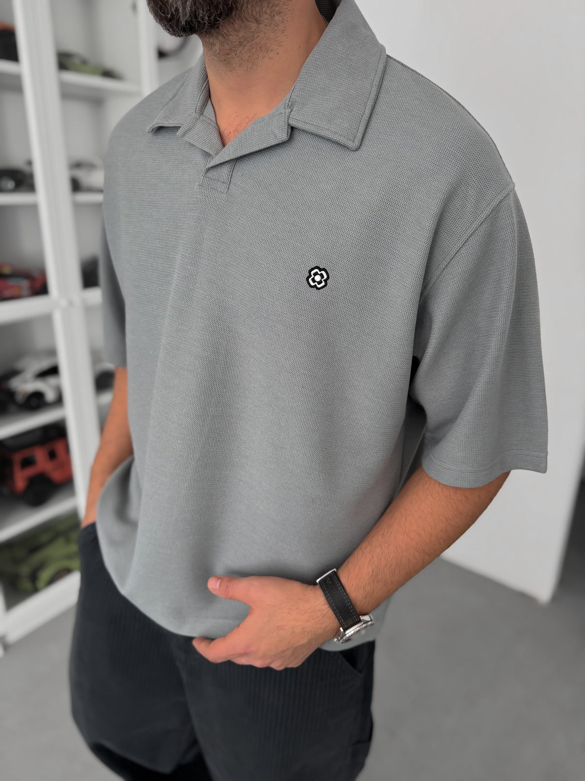 GREY WAFFLE POLO T-SHIRT