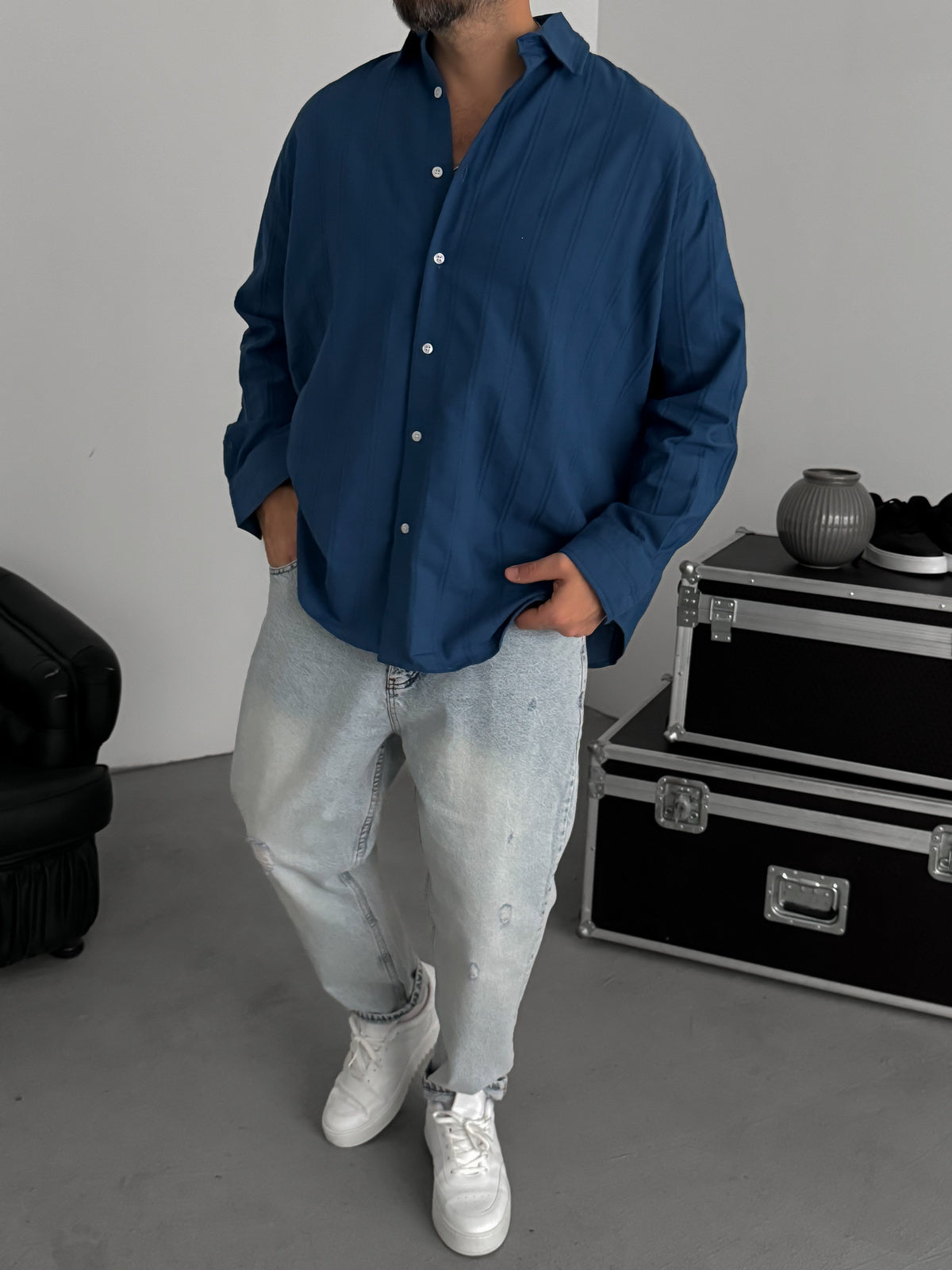 PETROL BLUE KNITTED STRIPED SHIRT