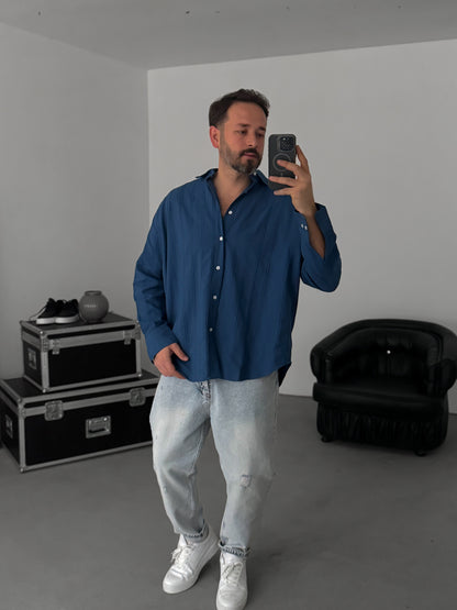 PETROL BLUE KNITTED STRIPED SHIRT