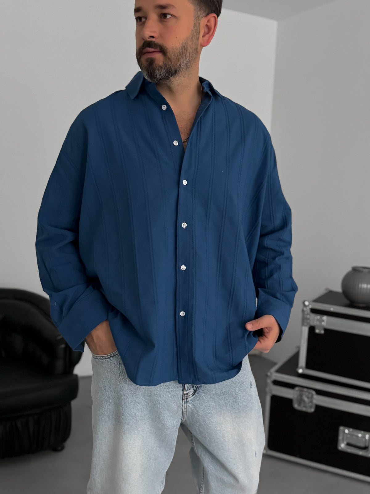 PETROL BLUE KNITTED STRIPED SHIRT