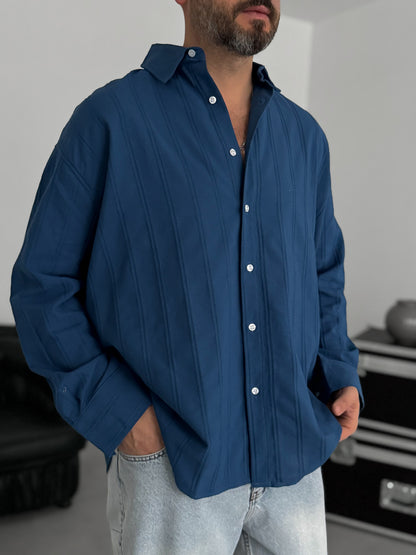 PETROL BLUE KNITTED STRIPED SHIRT