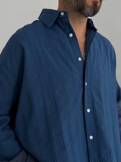 PETROL BLUE KNITTED STRIPED SHIRT