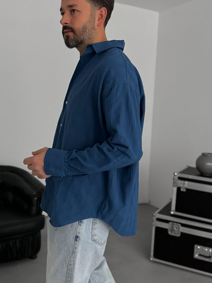 PETROL BLUE KNITTED STRIPED SHIRT