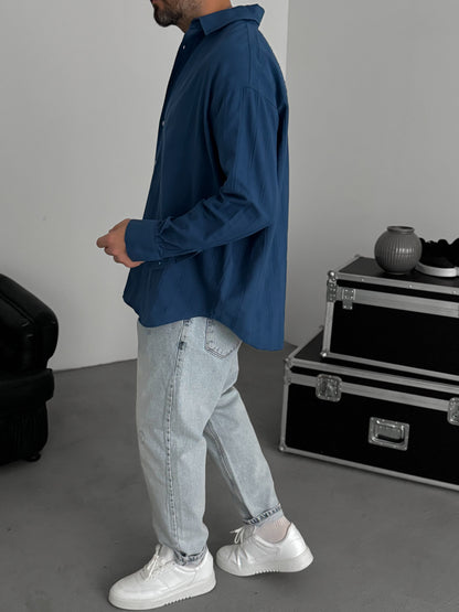 PETROL BLUE KNITTED STRIPED SHIRT