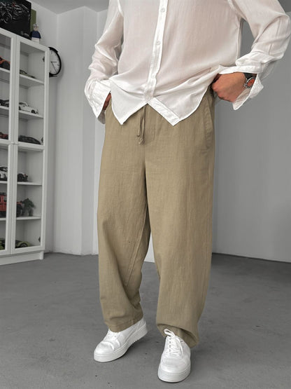 LIGHT KHAKI LINEN TEXTURED TROUSERS