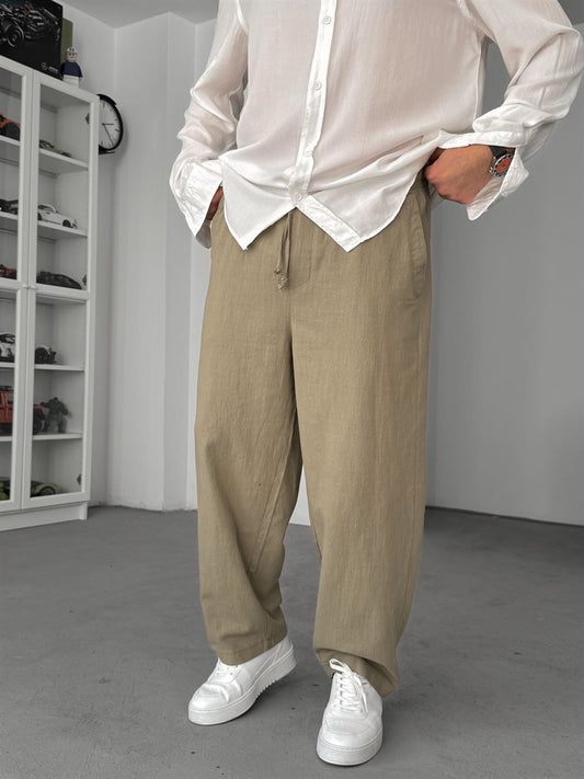 LIGHT KHAKI LINEN TEXTURED TROUSERS