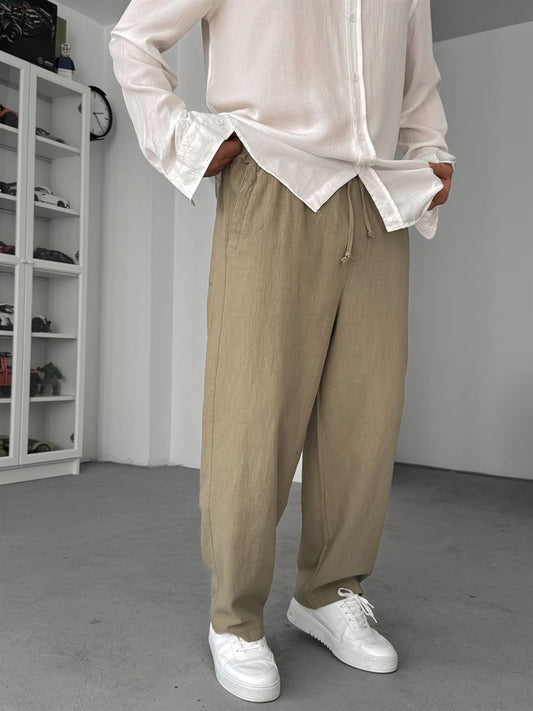 LIGHT KHAKI LINEN TEXTURED TROUSERS