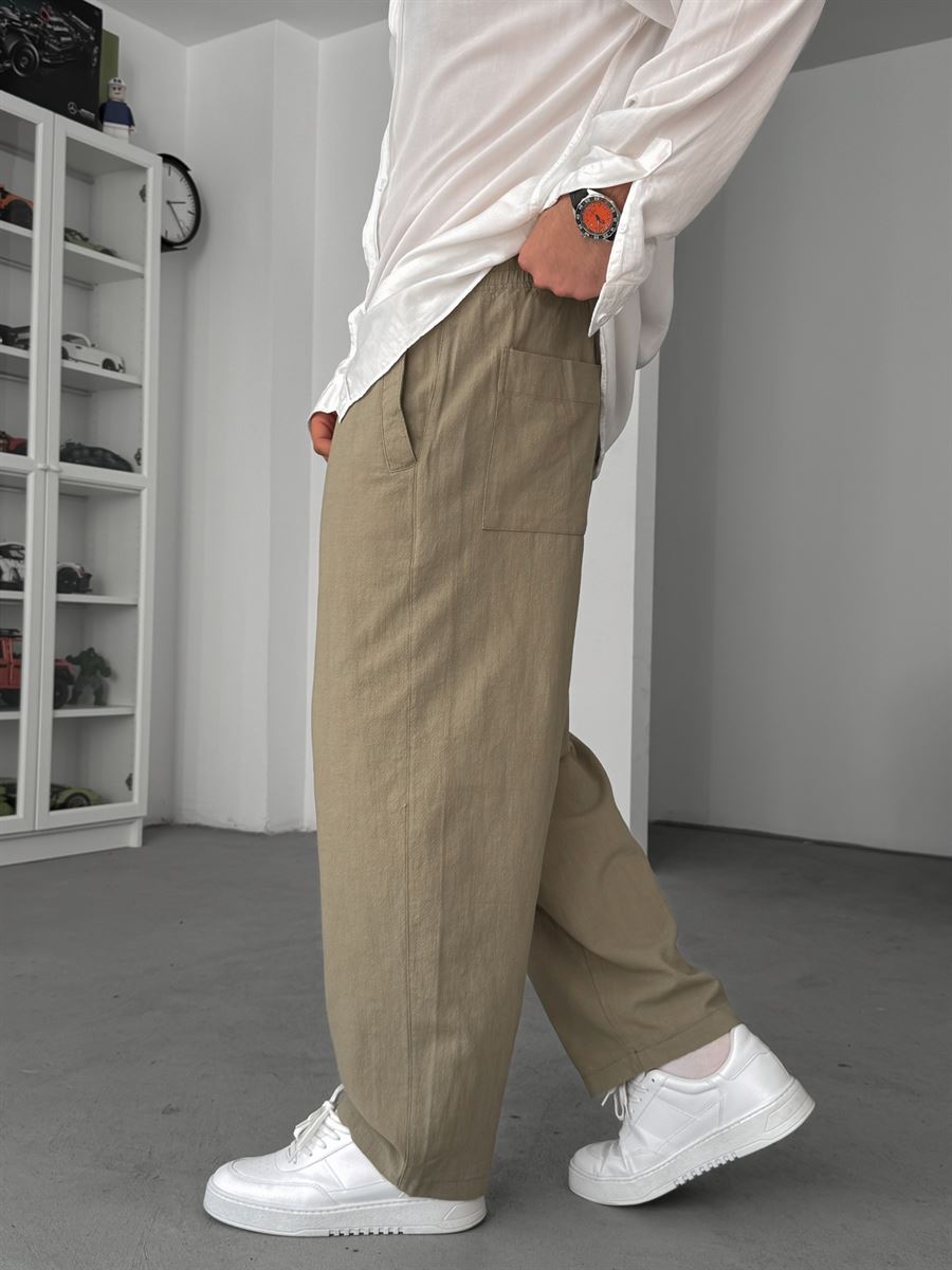 LIGHT KHAKI LINEN TEXTURED TROUSERS