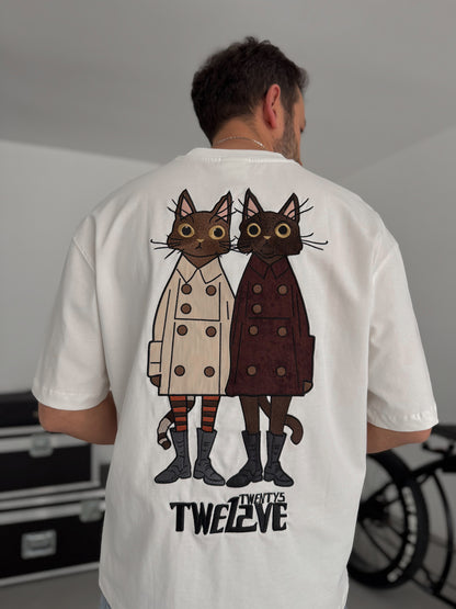 WHITE CAT EMBROIDERY T-SHIRT