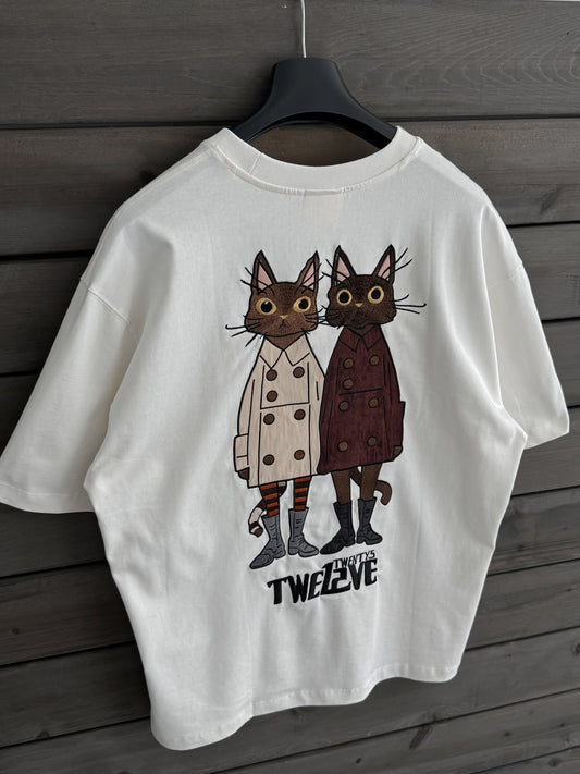 WHITE CAT EMBROIDERY T-SHIRT