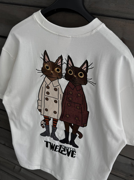 WHITE CAT EMBROIDERY T-SHIRT
