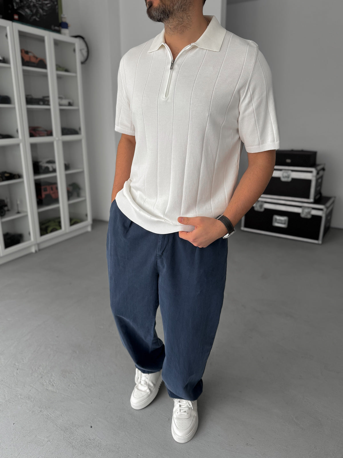 WHITE HALF ZIP KNIT T-SHIRT