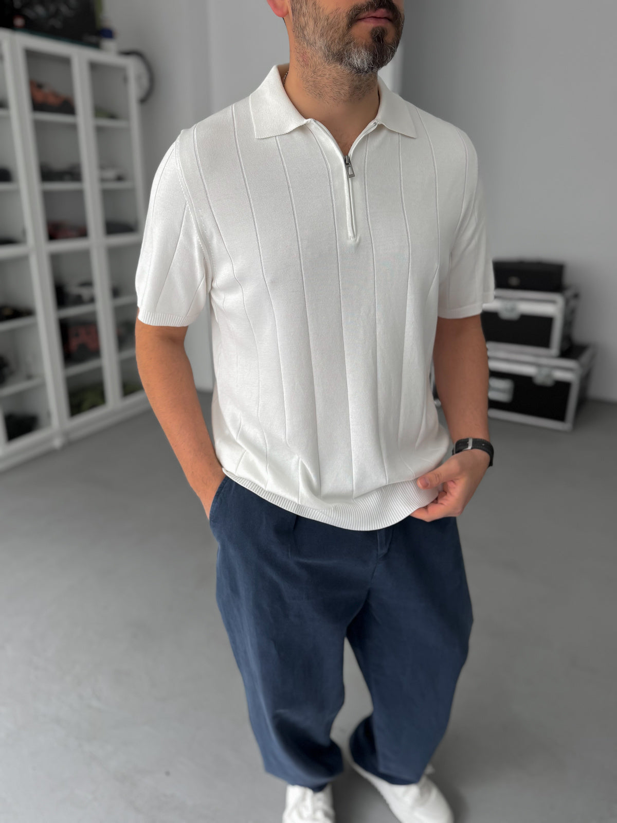 WHITE HALF ZIP KNIT T-SHIRT