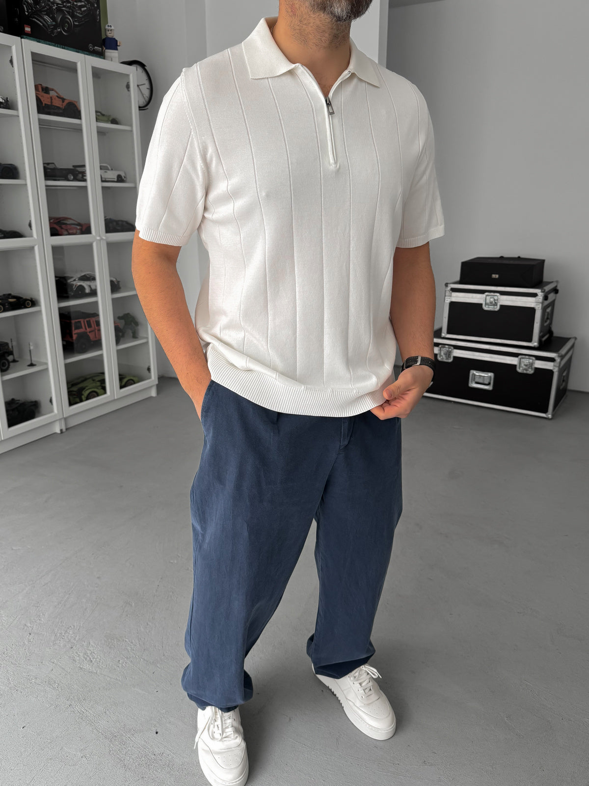 WHITE HALF ZIP KNIT T-SHIRT
