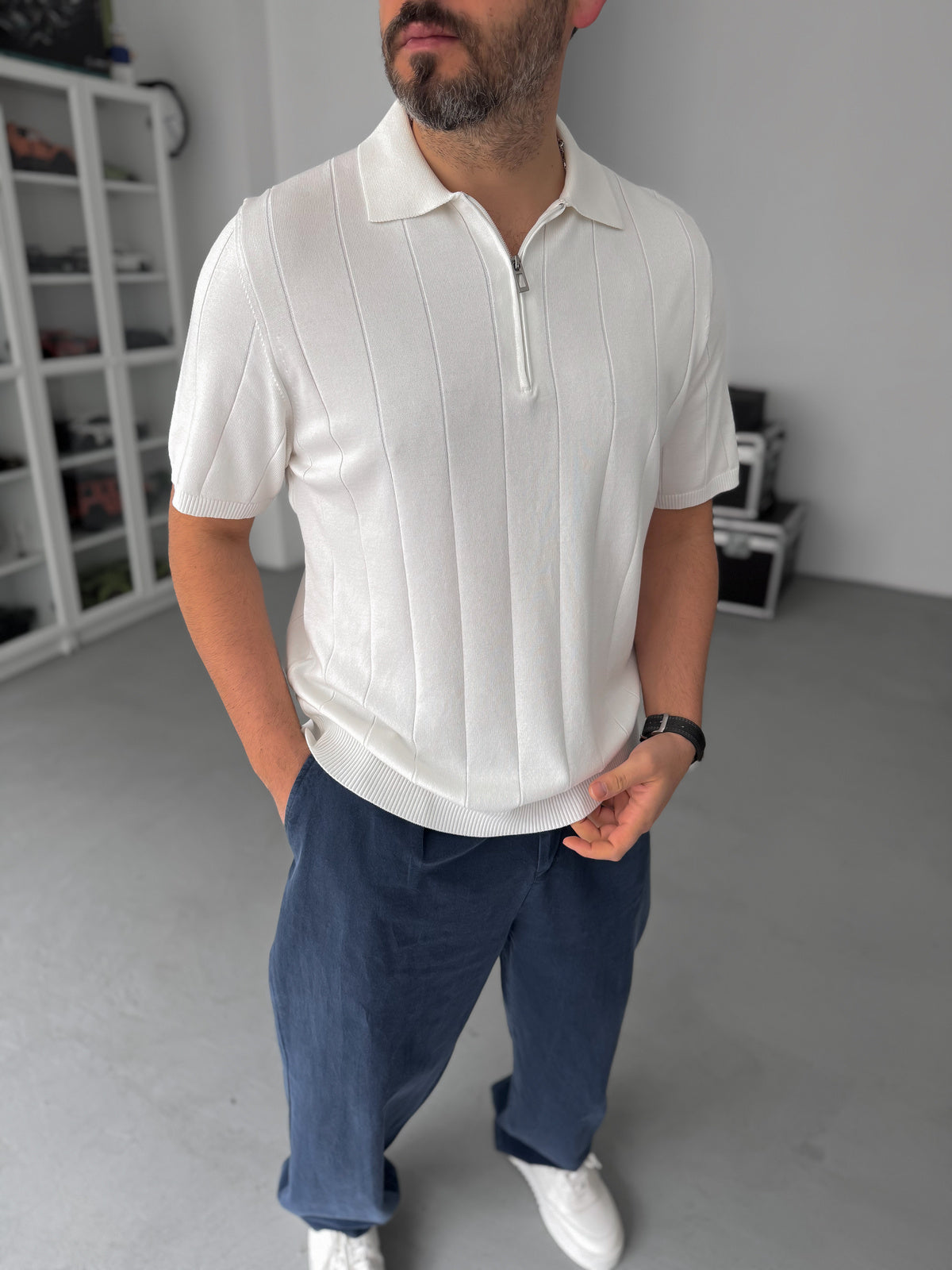 WHITE HALF ZIP KNIT T-SHIRT
