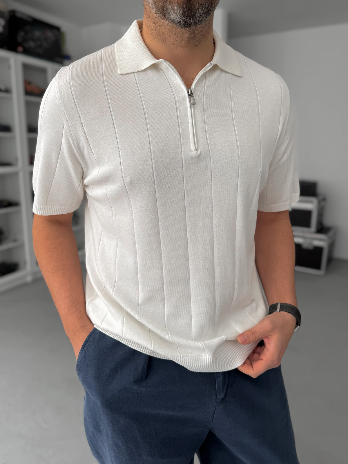 WHITE HALF ZIP KNIT T-SHIRT