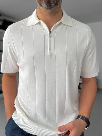 WHITE HALF ZIP KNIT T-SHIRT