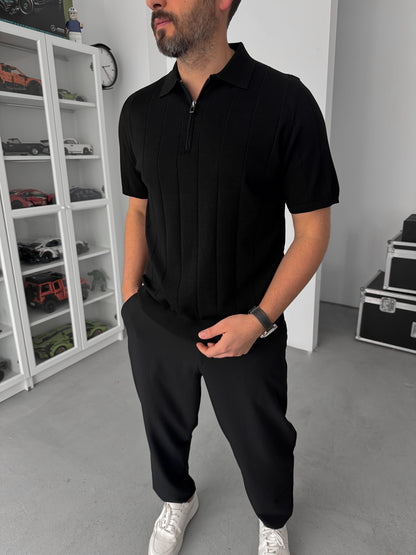 BLACK HALF ZIP KNIT T-SHIRT