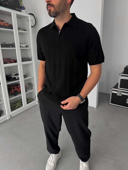 BLACK HALF ZIP KNIT T-SHIRT