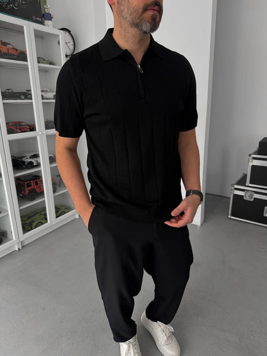 BLACK HALF ZIP KNIT T-SHIRT