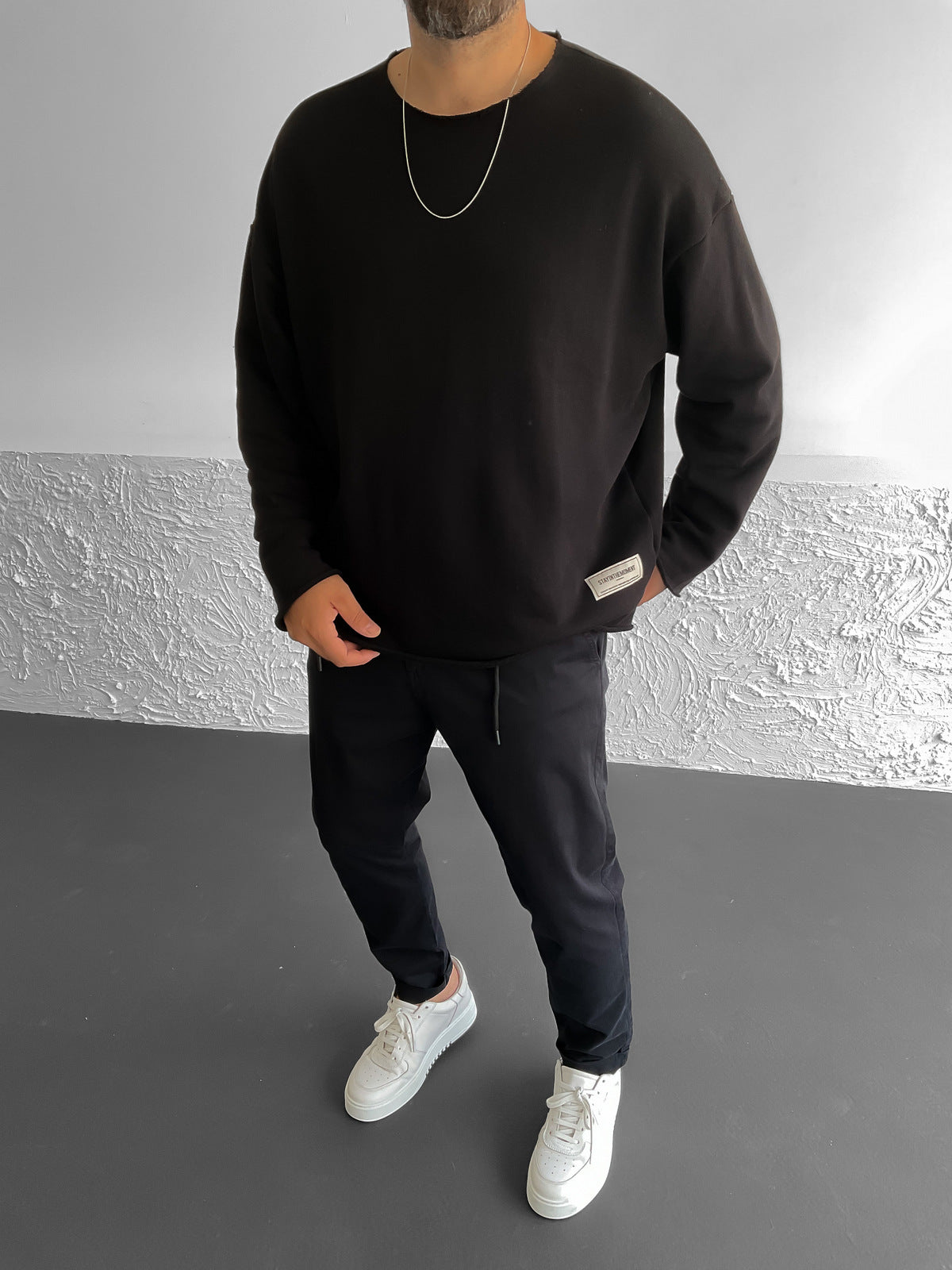 Black No Collar Basic Sweatshirt