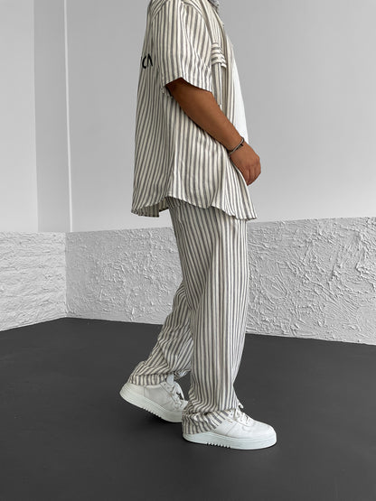 White DC Striped Linen Trousers