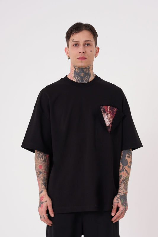 BLACK FLOWER PATCH T-SHIRT