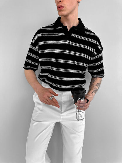 BLACK STRIPED POLO NECK T-SHIRT