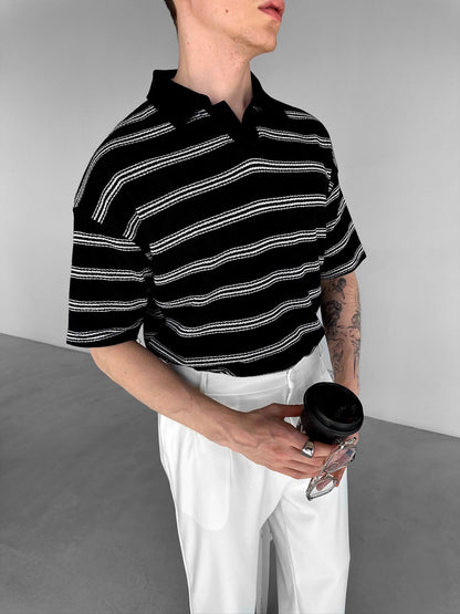 BLACK STRIPED POLO NECK T-SHIRT