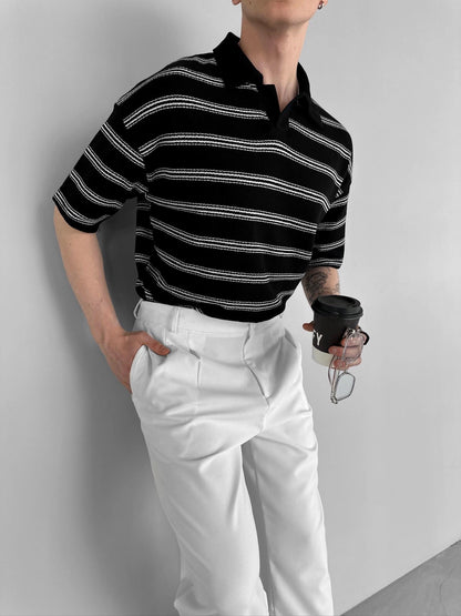 BLACK STRIPED POLO NECK T-SHIRT