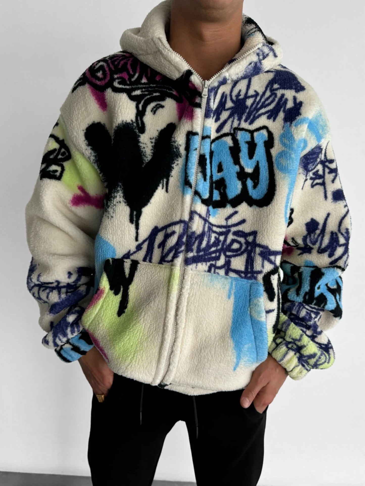 BEIGE OVERSIZE GRAFFITI PLUSH ZIPPER JACKET